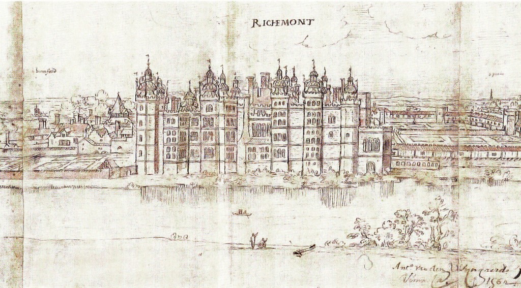 Sketch of Richmond Palace, drawn on discoloured yellowed paper in pencil. The Palace is drawn from the view of the river, with the main keep in the centre and an expanse of various smaller buildings behind it. The main Palace has many windows looking over the river, with 10+ towers with domed roofs.