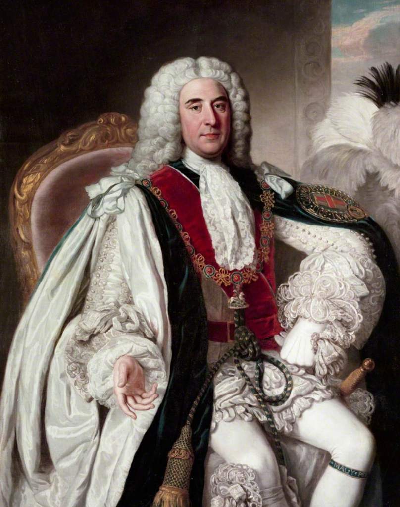 A painting of the Duke of Newcastle. A white man with a white curled, powdered wig. He is sat on a chair that is pink/red velvet and has a gold coloured frame around the cushion. He is wearing white tights and white, black and red robes.