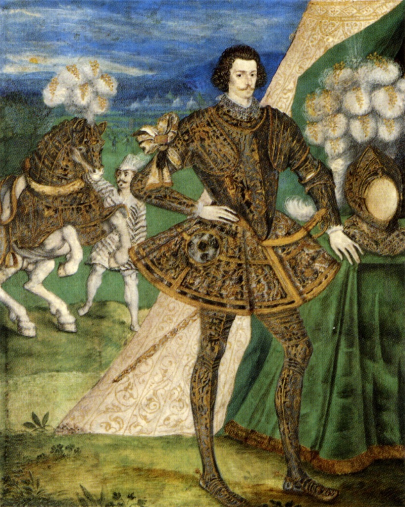 A watercolour of a white man. He is depicted wearing elaborate armour on which is embroidered his impresa of diamonds within a circle. His right hand is resting on his hip. Behind him is a tent, a horse rearing on his back legs, a man dressed in white with black stripes, with a moustache and white hat, is trying to calm the horse. It is all on grass, the sky is blue. 