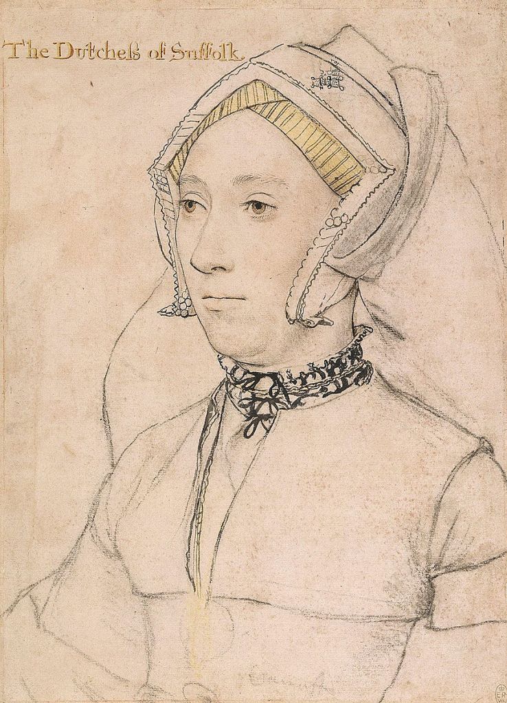 A chalk portrait drawing of a woman. A bust length portrait facing three-quarters to the left. She wears an embroidered collar, necklace and a medallion. Inscribed in an eighteenth-century hand at upper left: The Dutcheſs of Suffolk.