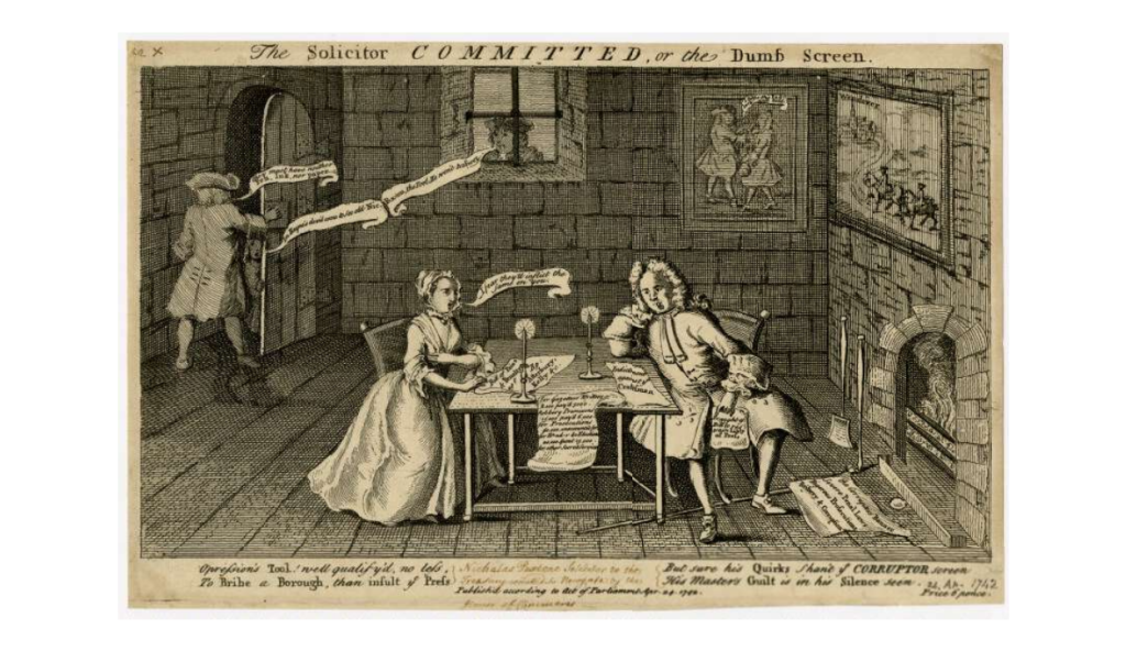 Satirical print. A man and a woman are seated at a table. He holds a paper lettered, "Draught of Bill to restrain Libty of Press" and at his feet is a flag. On the table are two candles and three papers. The lady holds a paper. On the left, a boy, is prevented from entering by a guard saying. A man looks through a barred window. There is a roaring fire with a shovel and poker leaning beside it and a fender in front. Four lines of verse beneath the print.