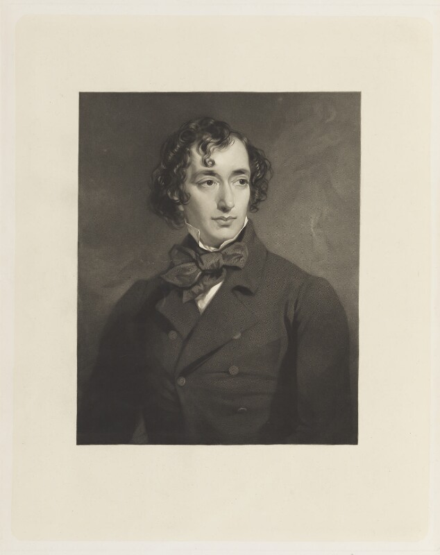 A black and white print of a white man with dark wavy short hair. He is wearing a dark buttoned up jacket, white shirt, high collars and cravat. 