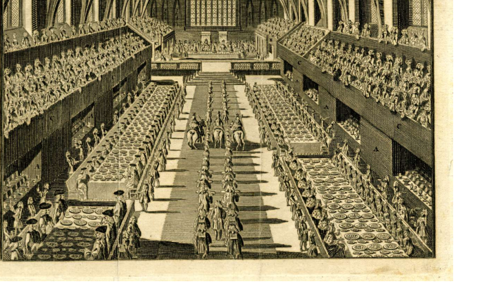 A sepia print of the inside of Westminster Hall during a coronation banquet. On both sides are galleries where people are stood looking down. On the ground is an aisle where two rows of people are walking down and three horses. On the sides of this aisle are long banquet tables that have food on top and people sat around.