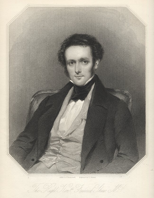 A black and white engraving portrait of the head and upper body of a white man. He is sat down on a chair. He is wearing a three piece suit and cravat. He has dark short-medium length hair and mutton chops.