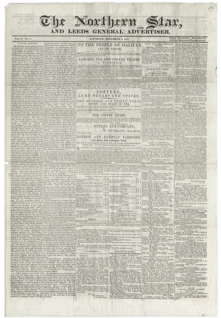 Front page of a newspaper: The Northern Star, and Leeds General Advertiser. There are multiple articles on the front but it is too difficult to read.