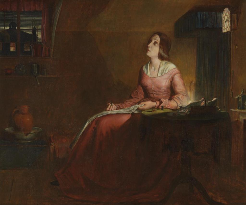 A painting of a white woman with brown hair sat down by a small round table. She is sewing. She is looking up to the ceiling with a pleading expression. The room is dark and lit only my a small light.